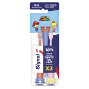 Pack of three Signal toothbrushes with color schemes inspired by Baby Mario, Toad, and Baby Peach