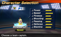 Bowser Jr.'s stats in the soccer portion of Mario Sports Superstars