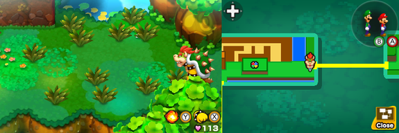 Bowser near eleven clumps of grass in which three are containing a Five Coin each and one is containing a 10-Coin in Dimble Wood of Mario & Luigi: Bowser's Inside Story + Bowser Jr.'s Journey.
