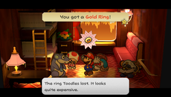 Mario getting a Gold Ring from Doopliss (disguised as Zip Toad) on Excess Express of Paper Mario: The Thousand-Year Door for Nintendo Switch.