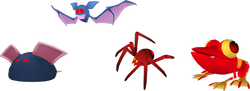 A mouse, bat, spider, and frog as seen in the Luigi's Mansion Arcade.