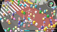 Luigi looks for a green Toad among a crowd of Shy Guys