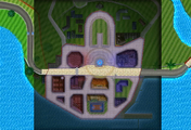 The home stretch of Wuhu Loop imposed on its equivalent stretch in Wuhu Town in Mario Kart 7.