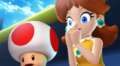 Daisy and Toad panic after Luigi gets body checked by Donkey Kong.