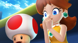 Daisy and Red Toad panic after Luigi gets body checked by Donkey Kong.