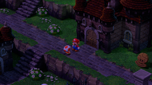 Toad Guard giving Mario 10 Coins in the Mushroom Kingdom of Super Mario RPG.