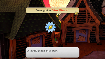 Mario getting the Star Piece behind the leftmost house in Twilight Town in the remake of the Paper Mario: The Thousand-Year Door for the Nintendo Switch.