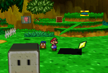 Mario finding a Star Piece under the hidden panel in Jr. Troopa's playground in Paper Mario