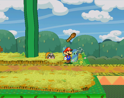 Mario getting a Horsetail from the Candy Cane in the western part of Petal Meadows of Paper Mario: The Thousand-Year Door.