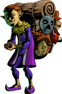 Artwork of the Happy Mask Salesman, who carries a Mario mask amongst his wares, for The Legend of Zelda: Majora's Mask