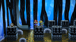 Mario near the Charge badge in The Great Tree of Paper Mario: The Thousand-Year Door for Nintendo Switch.