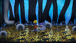 Mario getting a Coin from a bush in The Great Tree of Paper Mario: The Thousand-Year Door for Nintendo Switch.