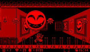 Screenshot of a Face Ball and three Little Face Balls, from Virtual Boy Wario Land.