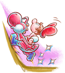 Artwork of Red Yoshi running up a hill with Baby Mario, from Yoshi's New Island.