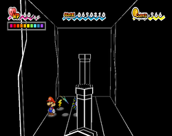 Mario finding the first Thunder Rage in Castle Bleck Foyer of Super Paper Mario.