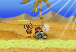 Mario finding a Coin in the scene D5 of Dry Dry Desert of Paper Mario.