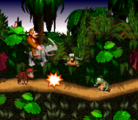 Rambi the Rhino defeats a Gnawty in Jungle Hijinxs of Donkey Kong Country