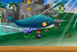 Mario finding two Coins above the first Spinning Flower on the Lavalava Island Beach of Paper Mario.