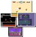 Screenshots of various games that are part of the Virtual Console service: Super Mario Bros., Super Mario World, The Legend of Zelda: A Link to the Past, and Kirby's Adventure