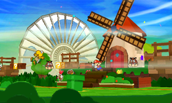 Paper Mario: Sticker Star pre-release screenshot of Mario using the fan in Hither Thither Hill.