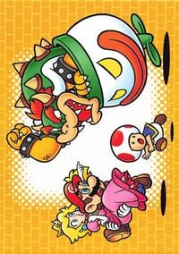 Line drawing card from the Super Mario Trading Card Collection featuring Mario, Peach, Toad, and Bowser riding the Koopa Clown Car