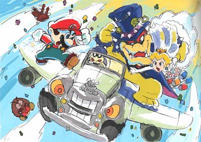 Super Mario Odyssey concept art of Bowser kidnapping Princess Peach in a flying car, similar to a Beauford Convertible. A Magikoopa pilots the car. This scene does not occur in the final game.