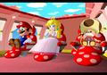 Mario, Princess Peach and Toadsworth on the plane.
