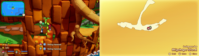 Mario and Luigi near wooden crates containing a Five Coin and a Mushroom on Shipshape Island of Mario & Luigi: Brothership.