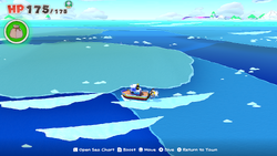 Location of where to dive for a chest containing a Coin Bag in The Great Sea of The Origami King.