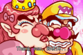 Wario receiving a kiss from her "hideous" form.