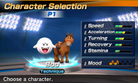 Boo's stats in the horse racing portion of Mario Sports Superstars