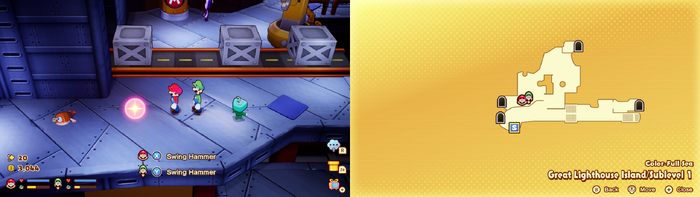 Mario and Luigi near the Patriarc's Note 2 on Great Lighthouse Island of Color-Full Sea of Mario & Luigi: Brothership.
