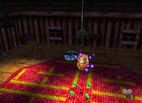 A set of green Banana Bunches and a setup for a Golden Banana for Chunky Kong in Crystal Caves.
