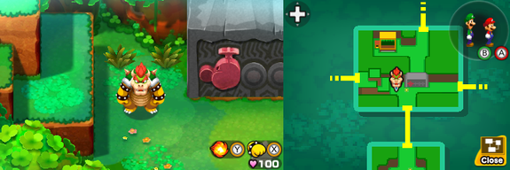 Bowser near 2 clumps of grass which contain a Coin and a 10-Coin in Dimble Wood of Mario & Luigi: Bowser's Inside Story + Bowser Jr.'s Journey.