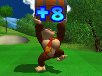 Donkey Kong getting a +8 in Mario Golf: Toadstool Tour