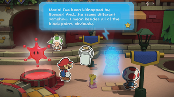 Mario, a Toad and Huey viewing a Holo-Peach in Paper Mario: Color Splash.