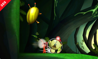 Captain Olimar attacking an Iridescent Glint Beetle in the Smash Run mode of Super Smash Bros. for Nintendo 3DS.