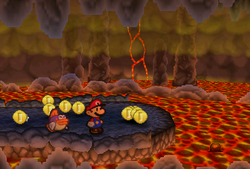 Mario finding 10 Coins after jumping over last firebar in Mt. Lavalava of Paper Mario.