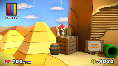 Mario near a crate containing a Worn-Out Jump Battle Card in Mustard Café of Paper Mario: Color Splash.