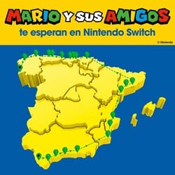 Promotional artwork for the 2024 Nintendo Switch Tour showing a map of Spain with the route of this edition of the event. Above the artwork is the text «MARIO Y SUS AMIGOS te esperan en Nintendo Switch» (Spanish for "MARIO AND HIS FRIENDS await you on Nintendo Switch").