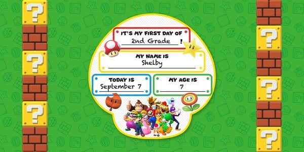 Banner of a printable back-to-school DIY sign featuring Super Mario characters
