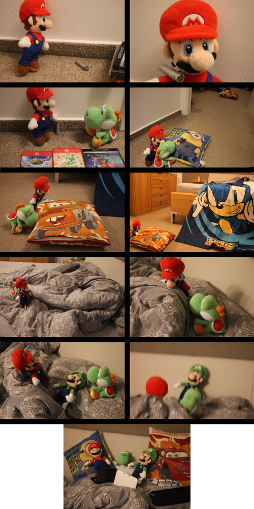 Eleven photographs are presented in a left-to-right format. In the first, Mario finds Luigi's small (not his main) flashlight. In the second, Mario realizes Luigi is missing (by the way, that sounds like the name of an edutainment game for the Switch 2) and that he must find him. In the third, Mario goes to Yoshi to have Yoshi sniff Luigi's dropped item so he can find him. In the fourth, Yoshi starts sniffing out Luigi with Mario following, with Yoshi sniffing a pillow nearby while another pillow can be seen in the distance. In the fifth, Yoshi sniffs another pillow, the one previously seen in the distance. The sixth panel shows Mario and Yoshi looking at a blanket on the bed, where they then head. In the seventh, Mario and Yoshi are now on bed and Yoshi is sniffing to find Luigi. In the eighth panel, Mario and Yoshi try to move the blanket, thinking they've found where Luigi is and that he might be sleeping. In the ninth, Mario and Yoshi move the blanket and find that Luigi has been sleeping under the blankets the whole time. In the tenth, Luigi is fully awake and is talking with Mario and Yoshi about his surprise that they were able to find him in the blankets by sniffing out his scent. In the eleventh and final, Mario, Yoshi and Luigi all play on Nintendo 3DS(es) (Not on Switch 2, maybe because its battery is at zero percent and needs to charge), with some DS and 3DS games shown on the right and the 0% Switch 2 also on the right.