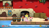 Mario near some barrels and crates containing 30 Coins in Port Prisma of Paper Mario: Color Splash.