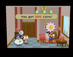 Mario getting 200 Coins from the hotel receptionist in Poshley Heights of Paper Mario: The Thousand-Year Door.