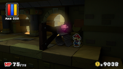 Mario near a Heart in The Golden Coliseum of Paper Mario: Color Splash.
