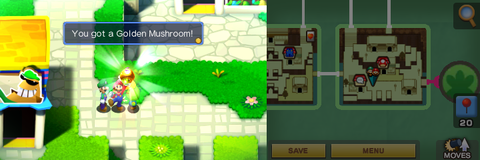 Mario getting a Golden Mushroom from an young beanish dude in the town part of Beanbean Castle of Mario & Luigi: Superstar Saga + Bowser's Minions.