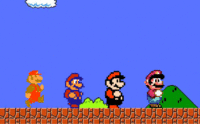 The walking animations of Mario, in his super form, from Super Mario Bros., Super Mario Bros. 2, Super Mario Bros. 3, and Super Mario World.
