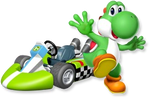 Artwork of Yoshi with his kart from Mario Kart Wii
