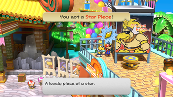 Mario getting the Star Piece on the roof of the juice bar in Glitzville in the remake of the Paper Mario: The Thousand-Year Door for the Nintendo Switch.