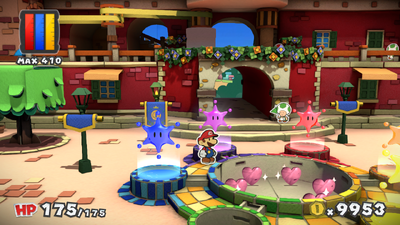 Mario near the fountain containing 5 Hearts in Port Prisma of Paper Mario: Color Splash.